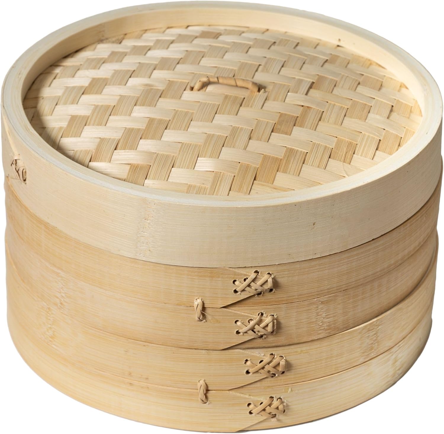 10-inch two-tier bamboo steamer basket with natural wood finish, shown stacked for Asian cooking — view 1