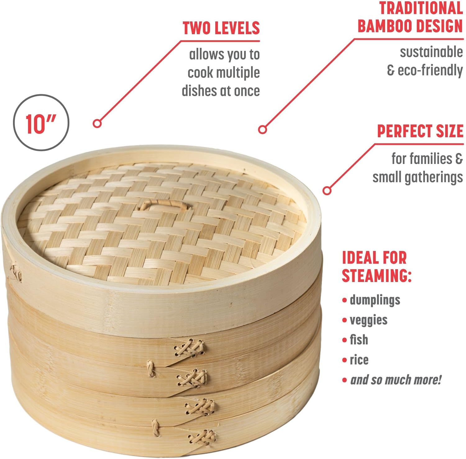 10-inch two-tier bamboo steamer basket with natural wood finish, shown stacked for Asian cooking — view 2