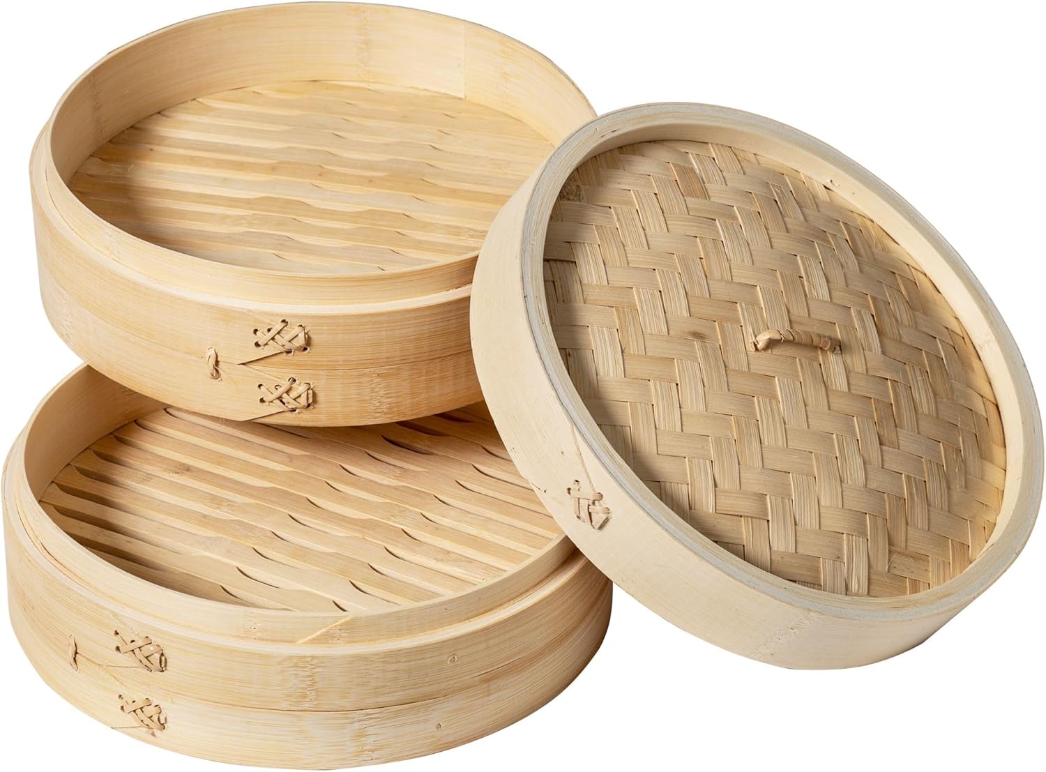 10-inch two-tier bamboo steamer basket with natural wood finish, shown stacked for Asian cooking — view 3
