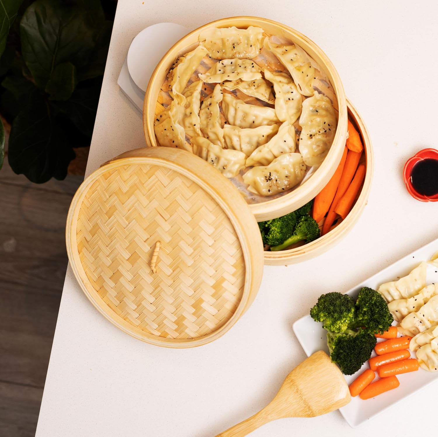 10-inch two-tier bamboo steamer basket with natural wood finish, shown stacked for Asian cooking — view 4