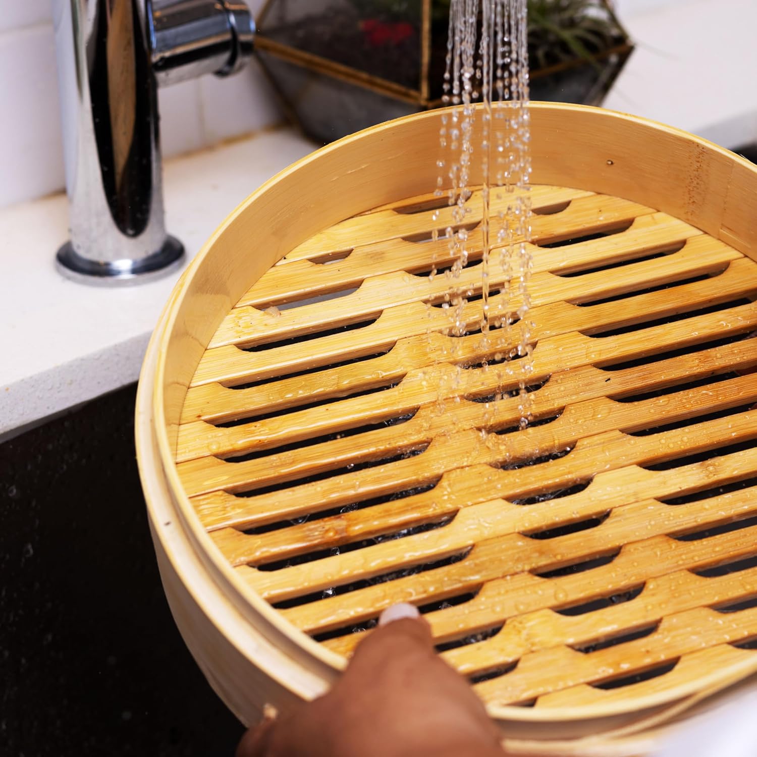 10-inch two-tier bamboo steamer basket with natural wood finish, shown stacked for Asian cooking — view 5