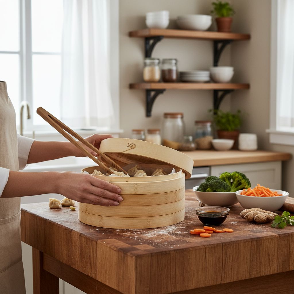 10-inch two-tier bamboo steamer basket with natural wood finish, shown stacked for Asian cooking — view 3b