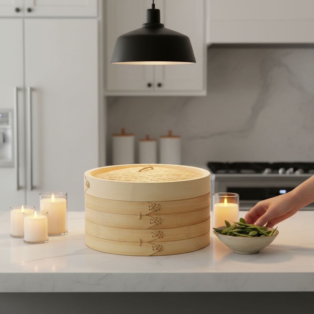 10-inch two-tier bamboo steamer basket with natural wood finish, shown stacked for Asian cooking — view 5b