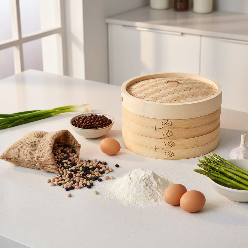 10-inch two-tier bamboo steamer basket with natural wood finish, shown stacked for Asian cooking — view 2