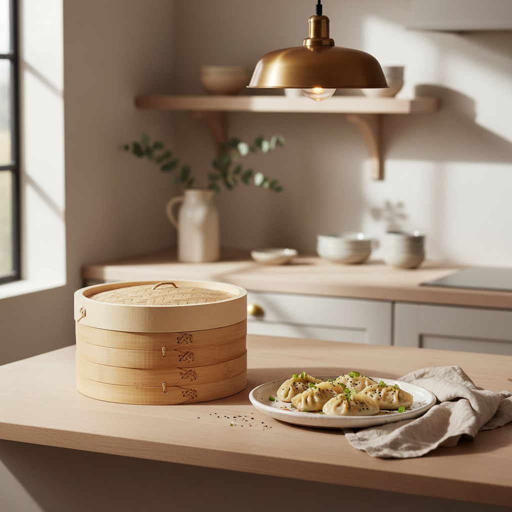 10-inch two-tier bamboo steamer basket with natural wood finish, shown stacked for Asian cooking — view 3a