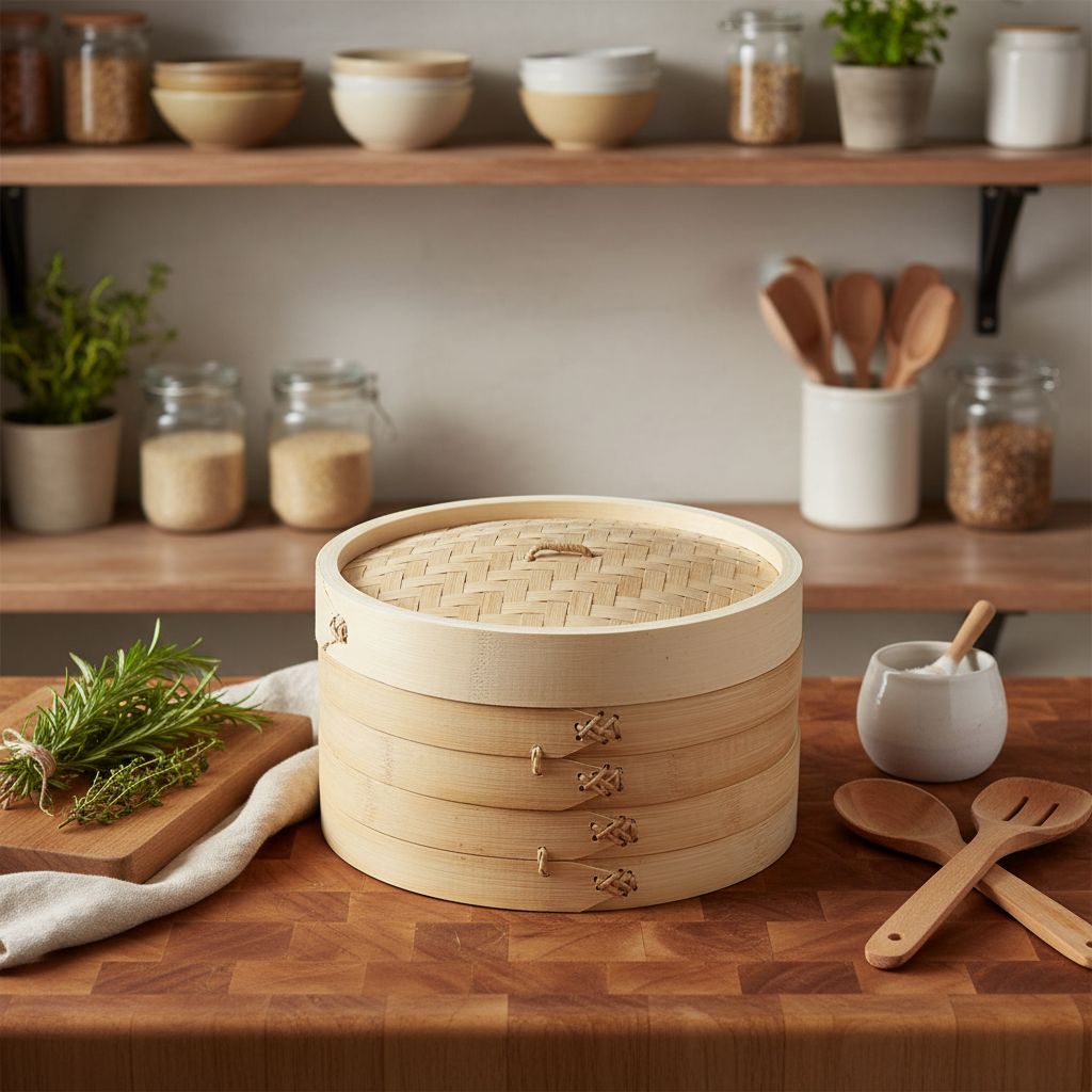 10-inch two-tier bamboo steamer basket with natural wood finish, shown stacked for Asian cooking — view 5a