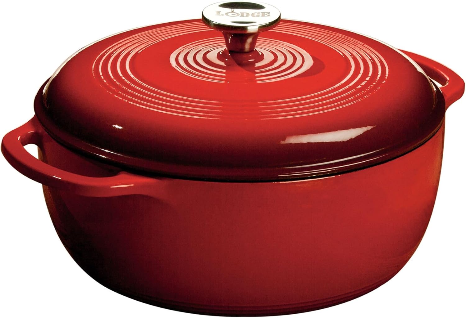 Island Spice Red enameled cast iron Dutch oven with dual handles and fitted lid, 6-quart capacity — front