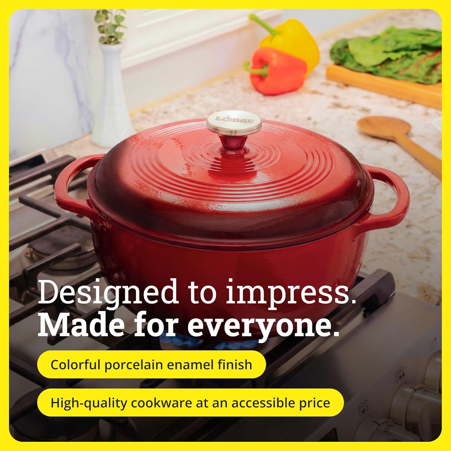 Island Spice Red enameled cast iron Dutch oven with dual handles and fitted lid, 6-quart capacity — view 3