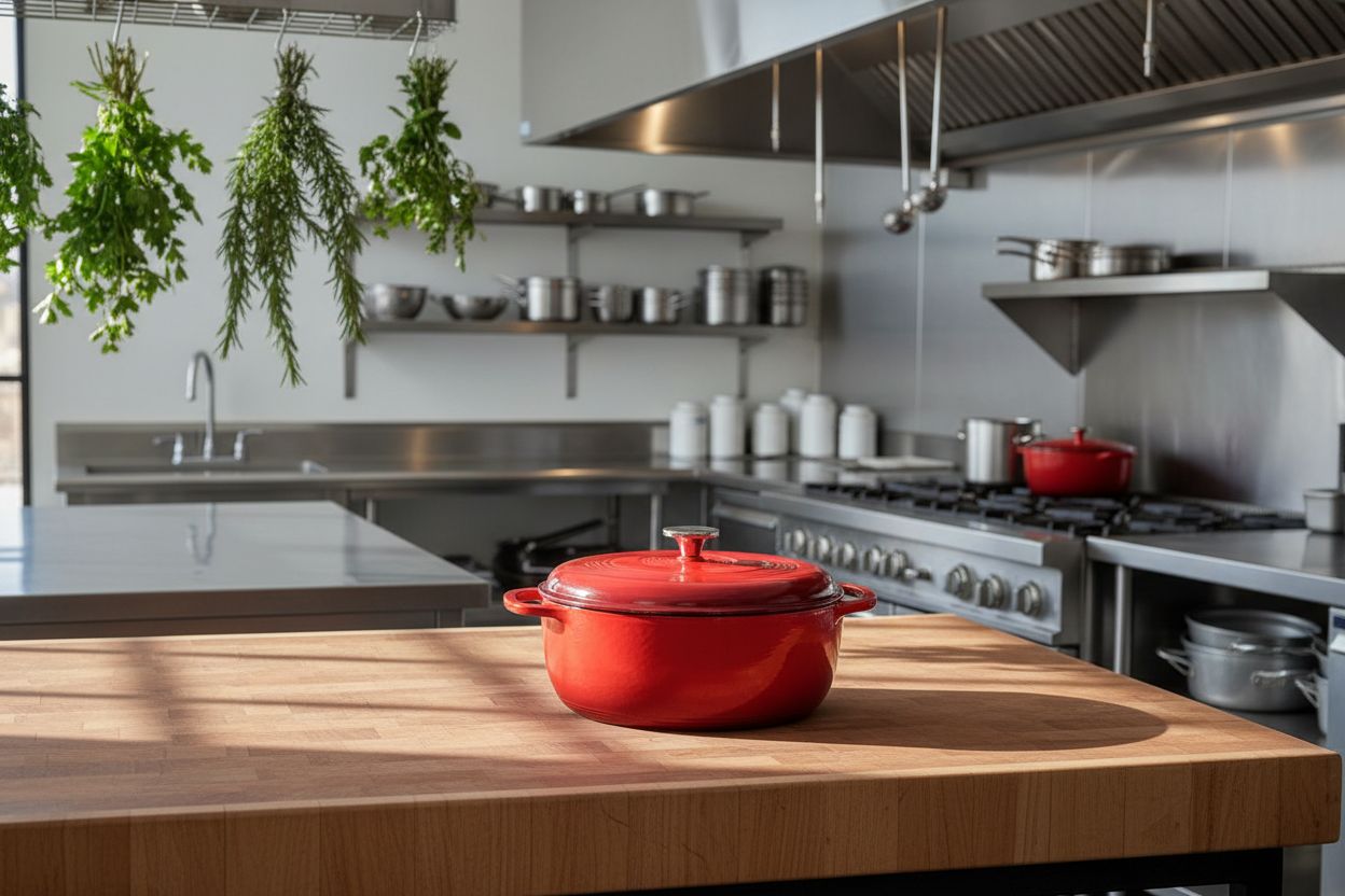 Island Spice Red enameled cast iron Dutch oven with dual handles and fitted lid, 6-quart capacity — view 1