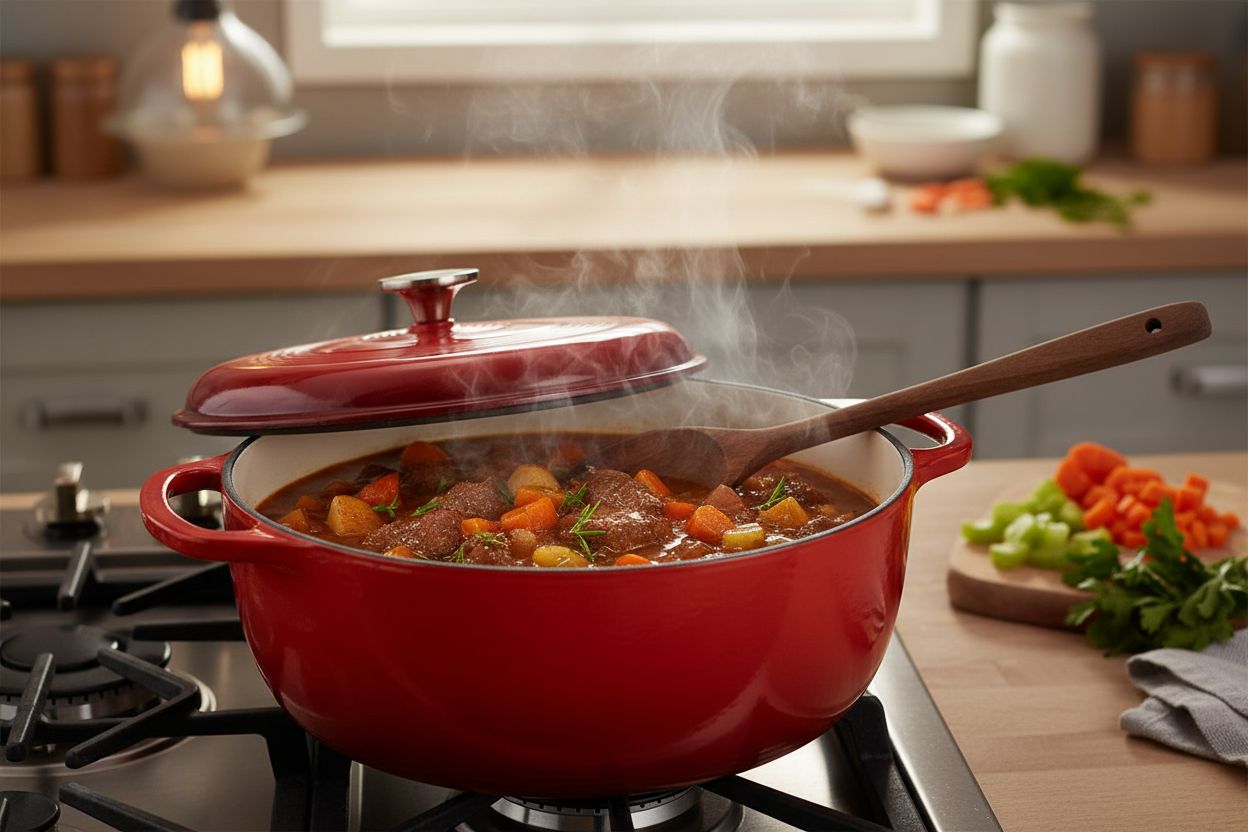 Island Spice Red enameled cast iron Dutch oven with dual handles and fitted lid, 6-quart capacity — view 3b