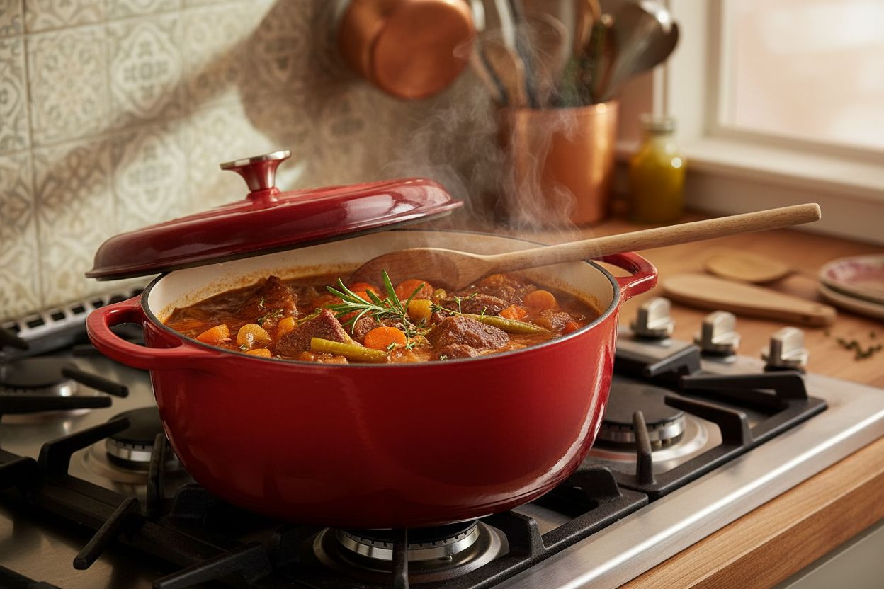 Island Spice Red enameled cast iron Dutch oven with dual handles and fitted lid, 6-quart capacity — view 5b
