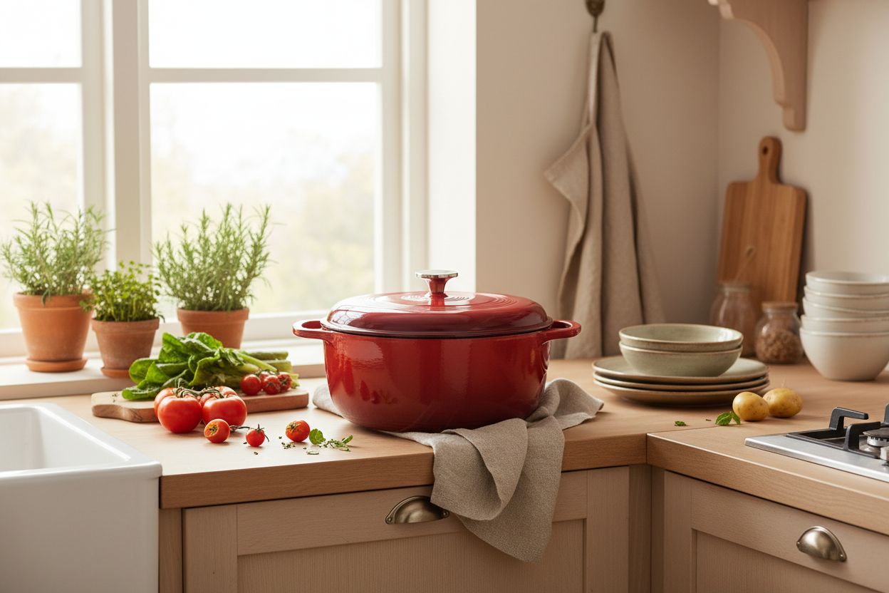 Island Spice Red enameled cast iron Dutch oven with dual handles and fitted lid, 6-quart capacity — view 7b
