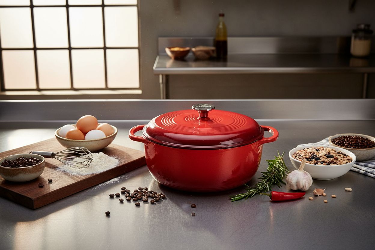 Island Spice Red enameled cast iron Dutch oven with dual handles and fitted lid, 6-quart capacity — view 2
