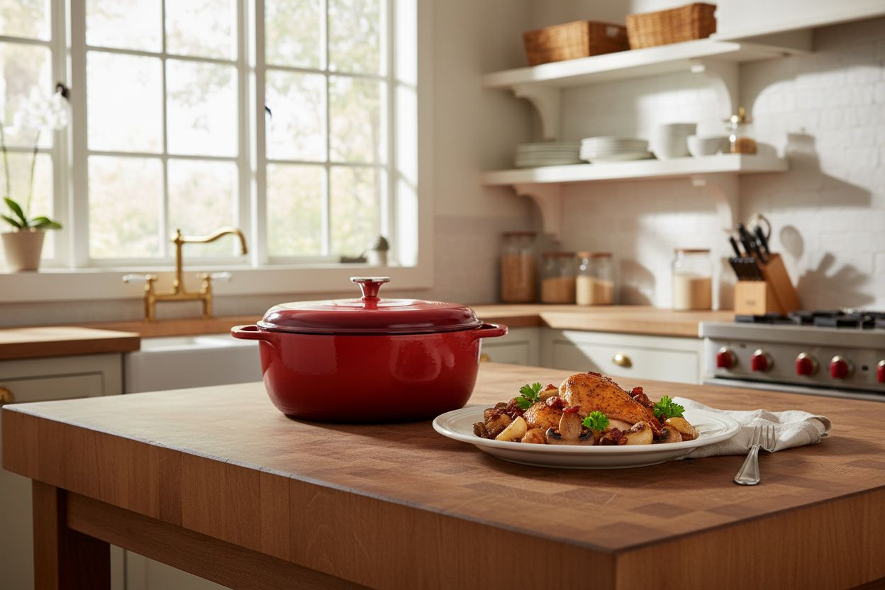 Island Spice Red enameled cast iron Dutch oven with dual handles and fitted lid, 6-quart capacity — view 3a