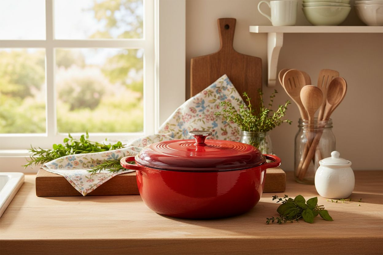 Island Spice Red enameled cast iron Dutch oven with dual handles and fitted lid, 6-quart capacity — view 5a