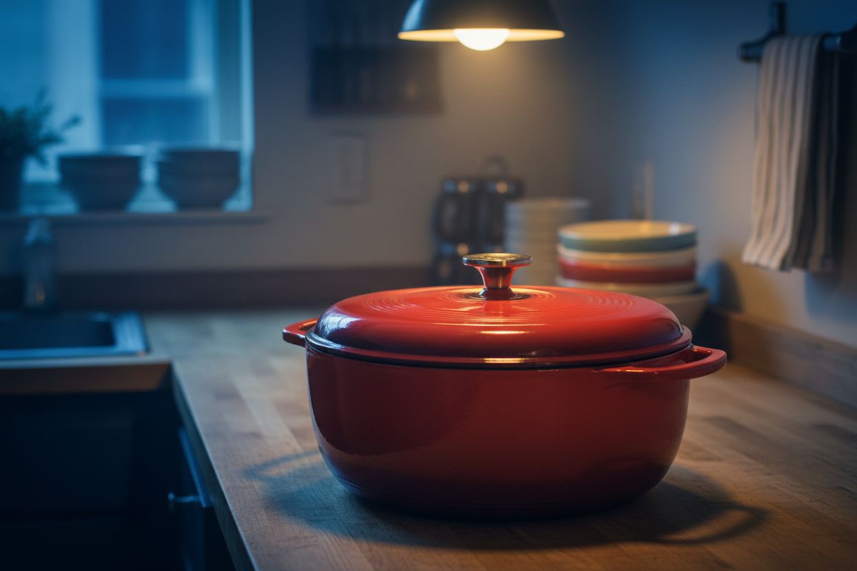 Island Spice Red enameled cast iron Dutch oven with dual handles and fitted lid, 6-quart capacity — view 6