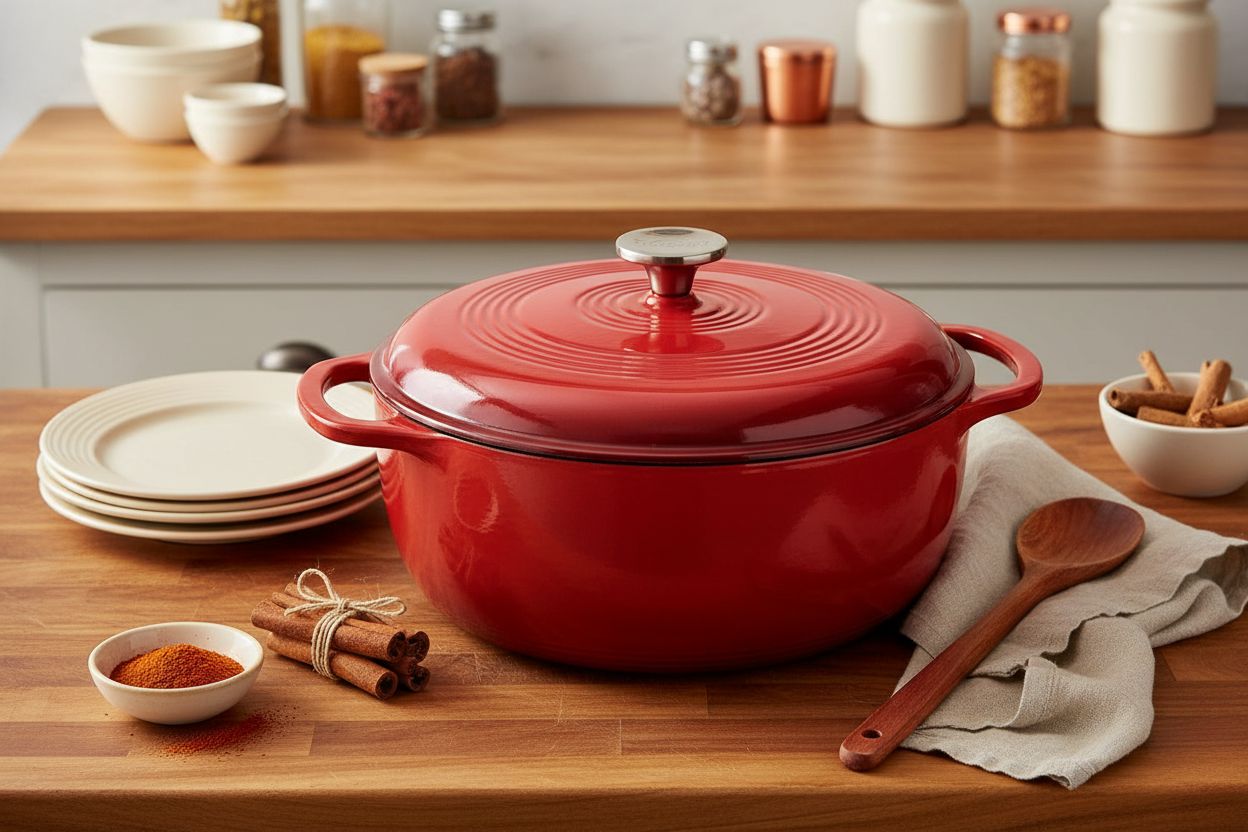 Island Spice Red enameled cast iron Dutch oven with dual handles and fitted lid, 6-quart capacity — view 7a