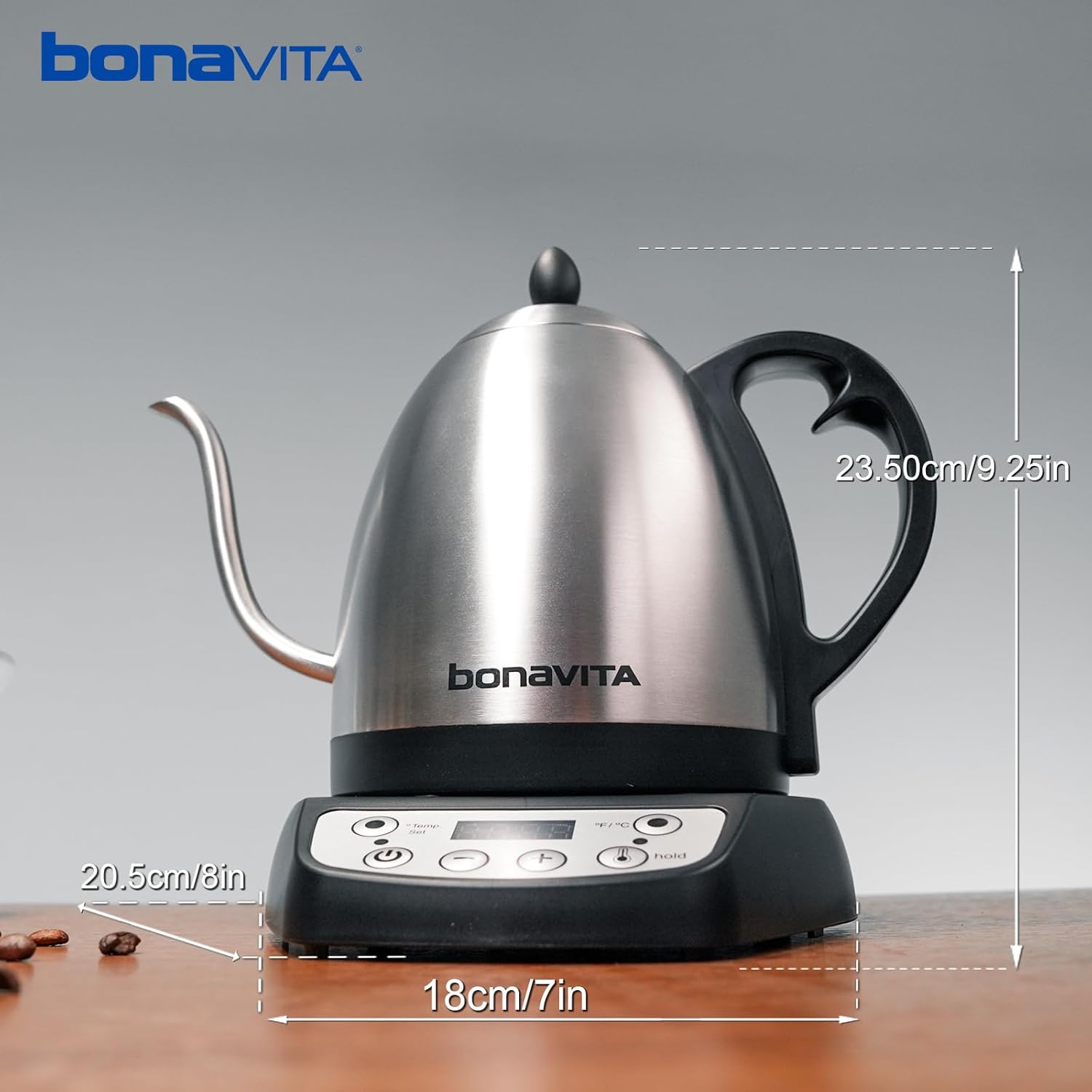 Stainless steel Bonavita gooseneck electric kettle with LED temperature display panel — view 2
