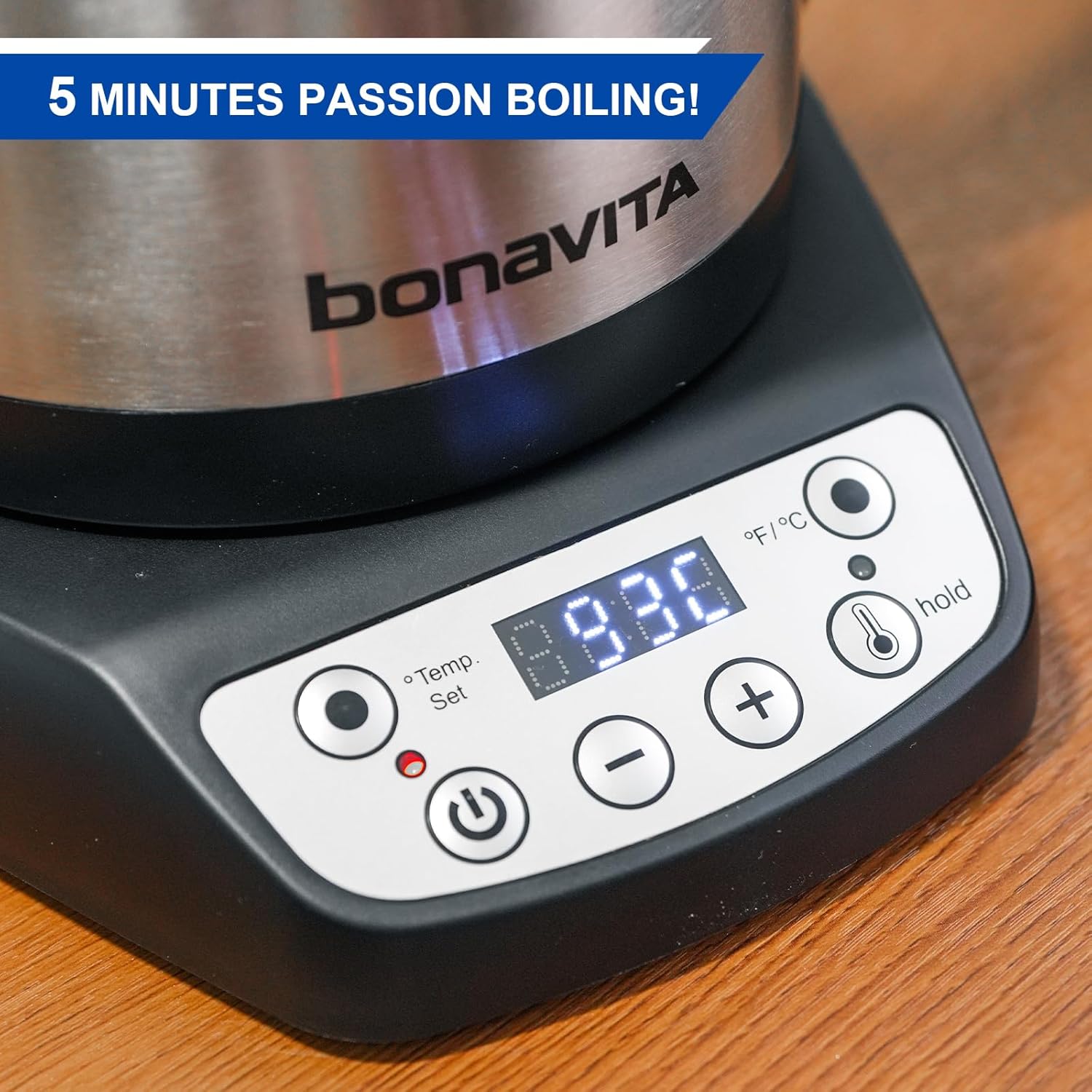 Stainless steel Bonavita gooseneck electric kettle with LED temperature display panel — view 3