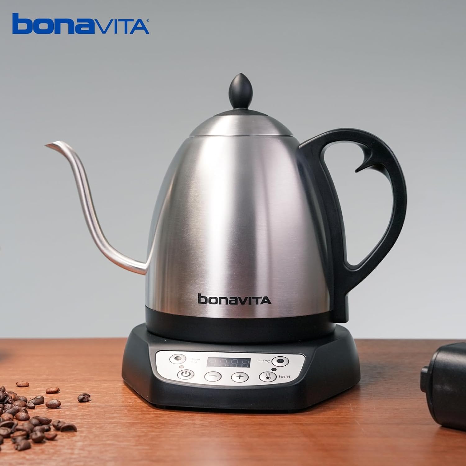 Stainless steel Bonavita gooseneck electric kettle with LED temperature display panel — view 4