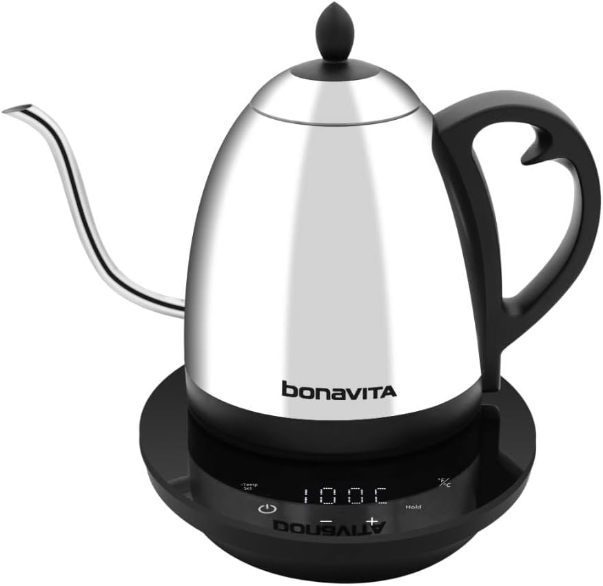 Stainless steel Bonavita gooseneck electric kettle with LED temperature display panel — view 5