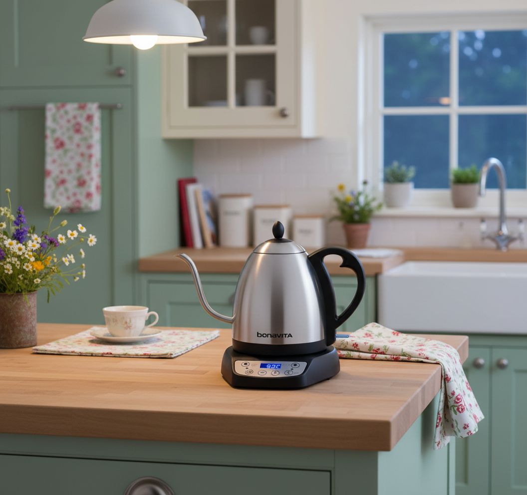 Stainless steel Bonavita gooseneck electric kettle with LED temperature display panel — view 1