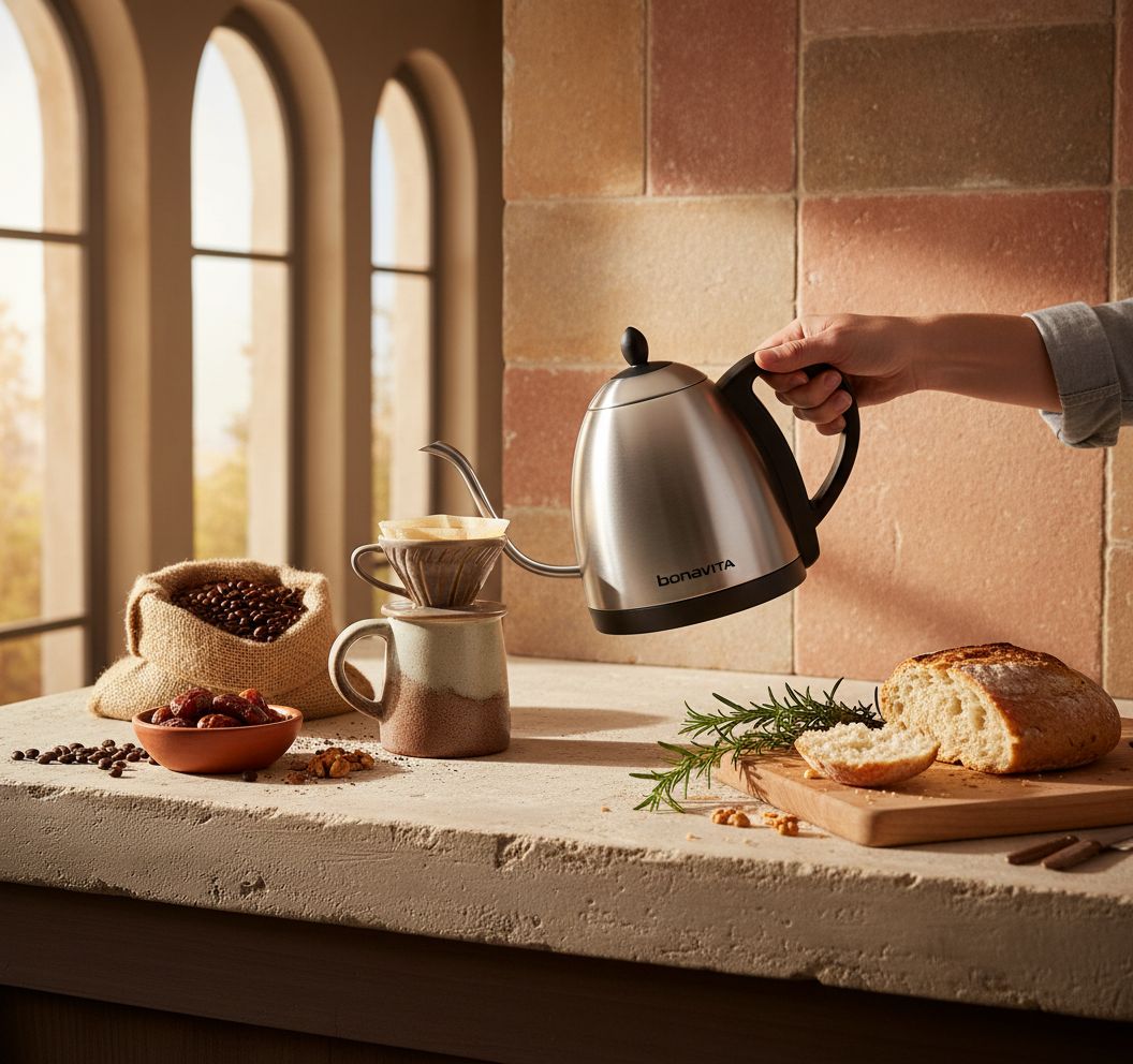 Stainless steel Bonavita gooseneck electric kettle with LED temperature display panel — view 3b