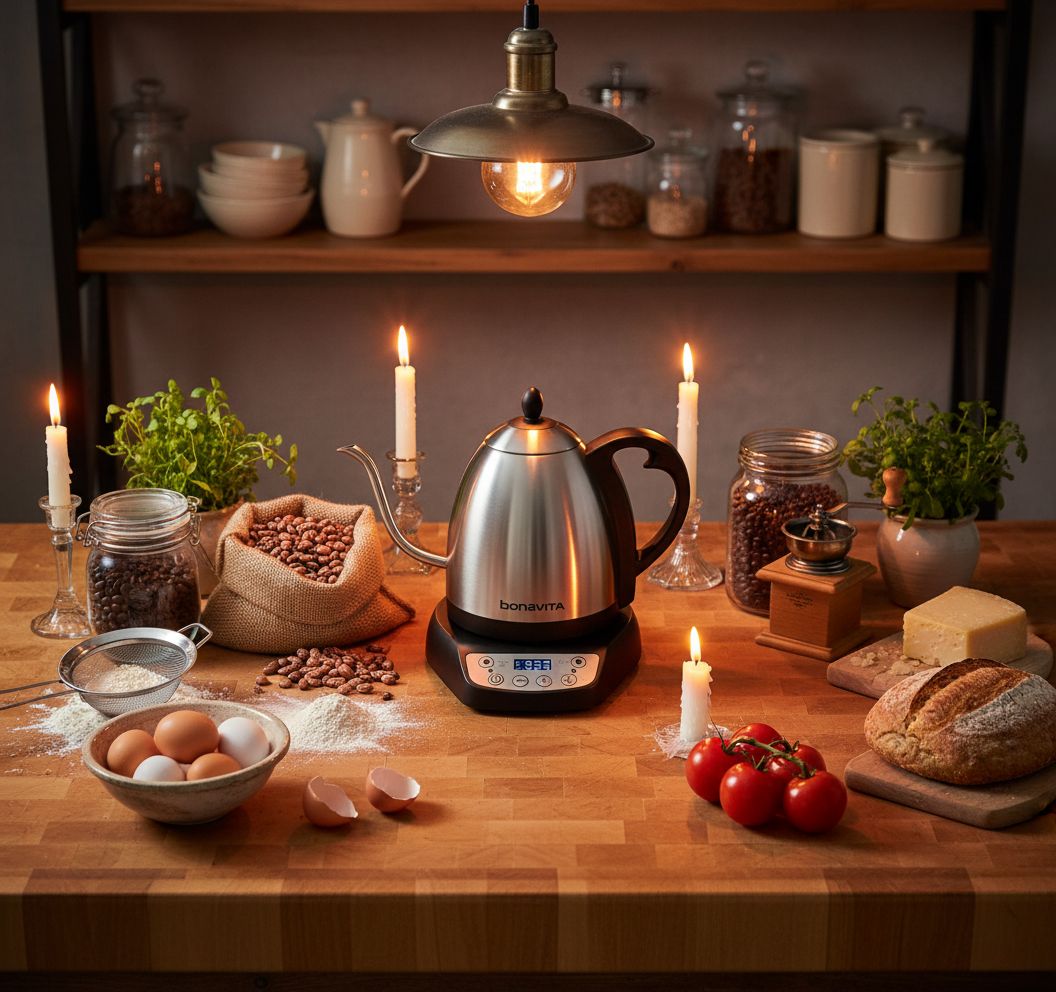 Stainless steel Bonavita gooseneck electric kettle with LED temperature display panel — view 2