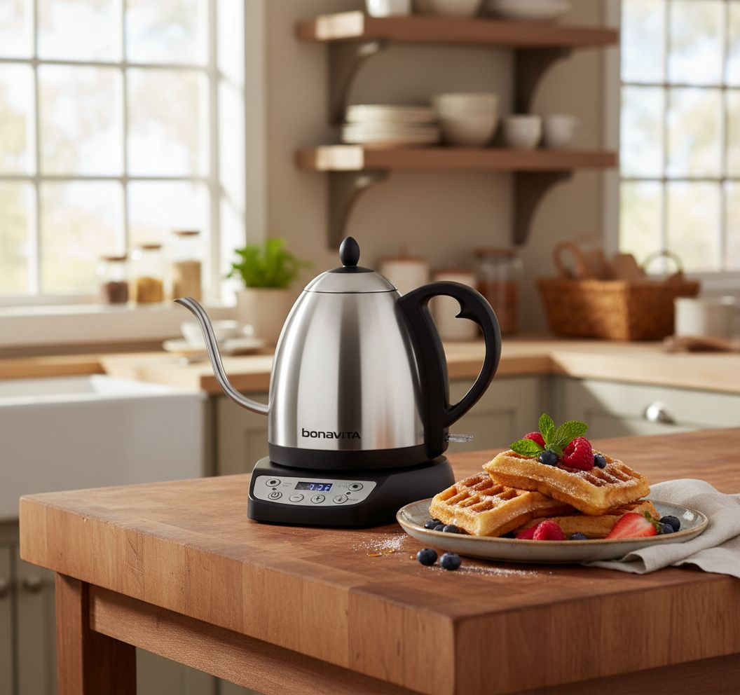 Stainless steel Bonavita gooseneck electric kettle with LED temperature display panel — view 3a