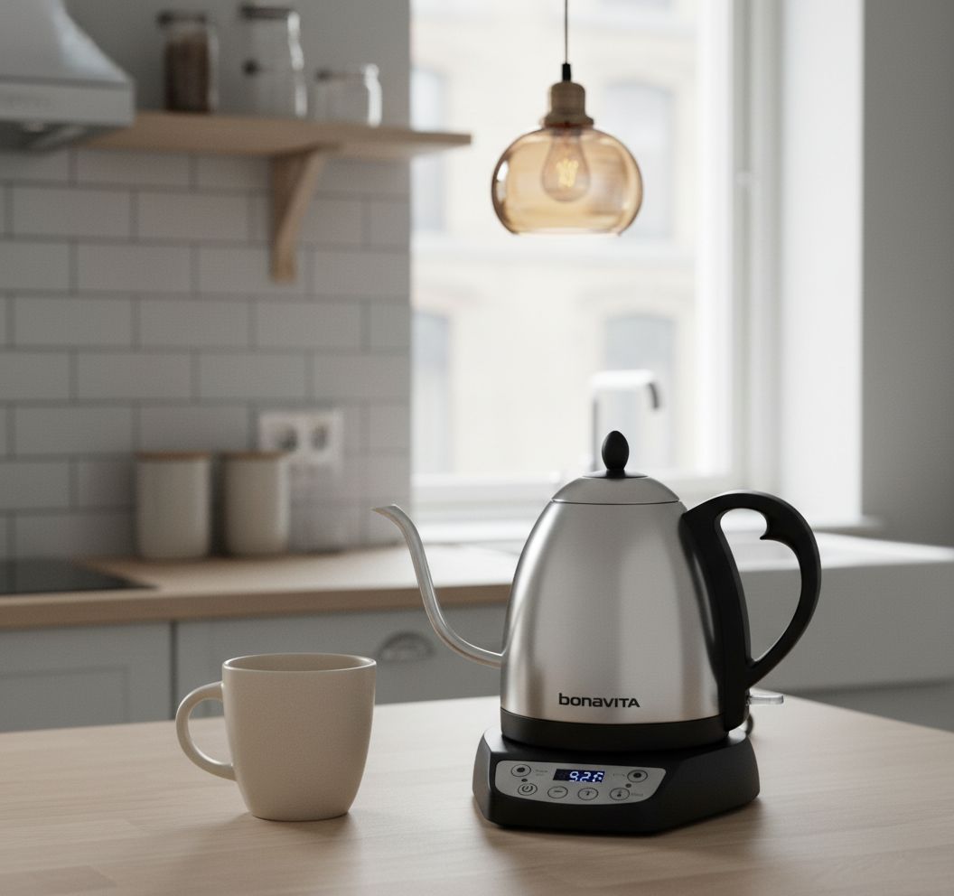 Stainless steel Bonavita gooseneck electric kettle with LED temperature display panel — view 4