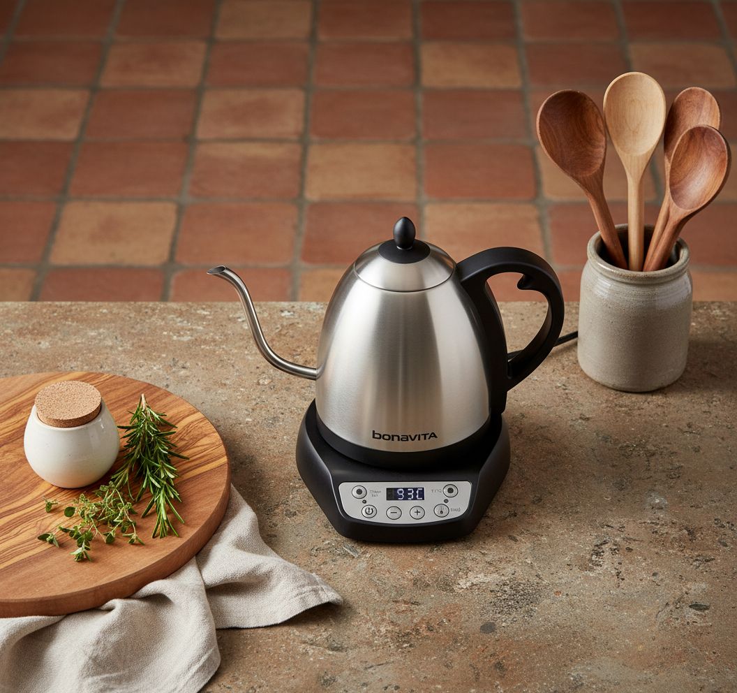 Stainless steel Bonavita gooseneck electric kettle with LED temperature display panel — view 5a