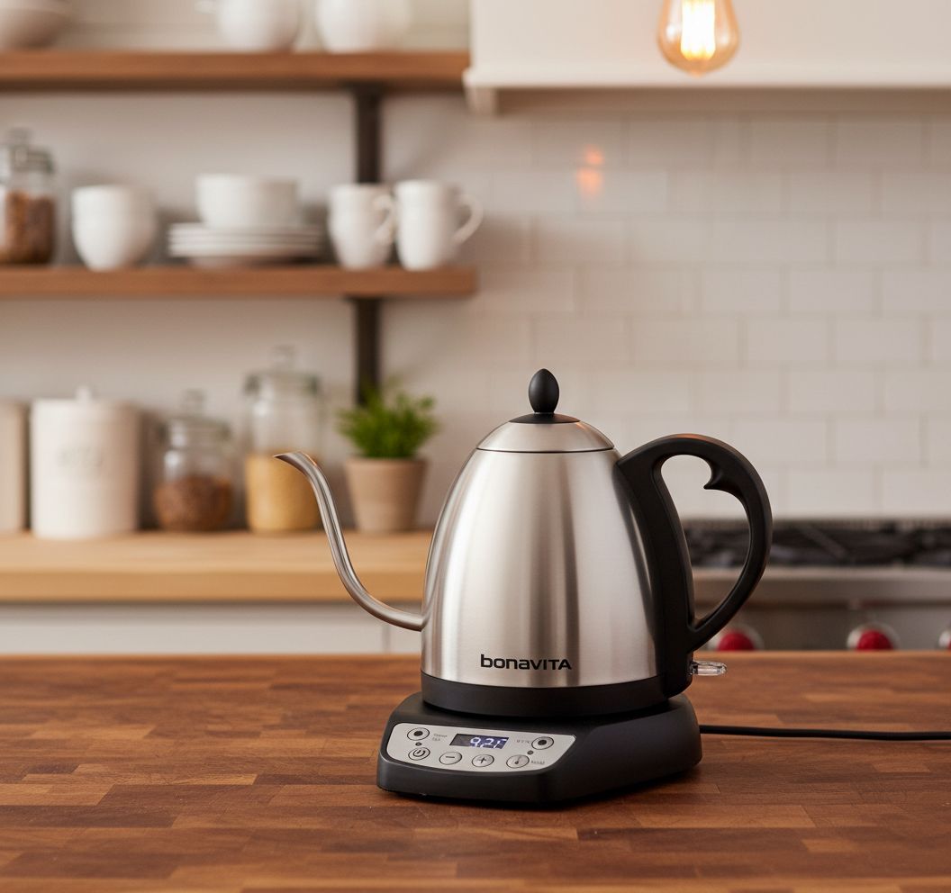 Stainless steel Bonavita gooseneck electric kettle with LED temperature display panel — view 6