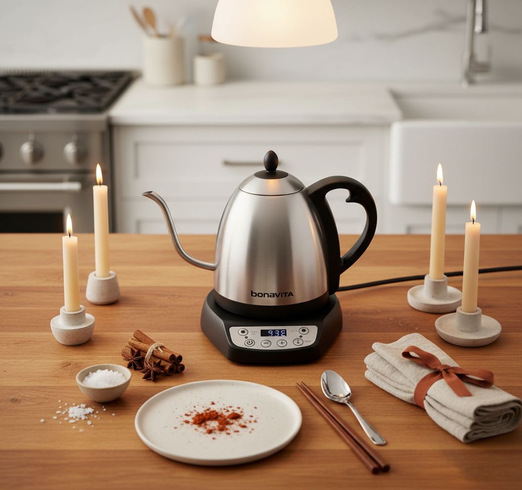Stainless steel Bonavita gooseneck electric kettle with LED temperature display panel — view 7a