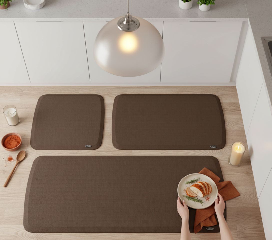 Linen truffle silicone anti-fatigue kitchen mat set, 20x36 and 20x48 inches — view 7a