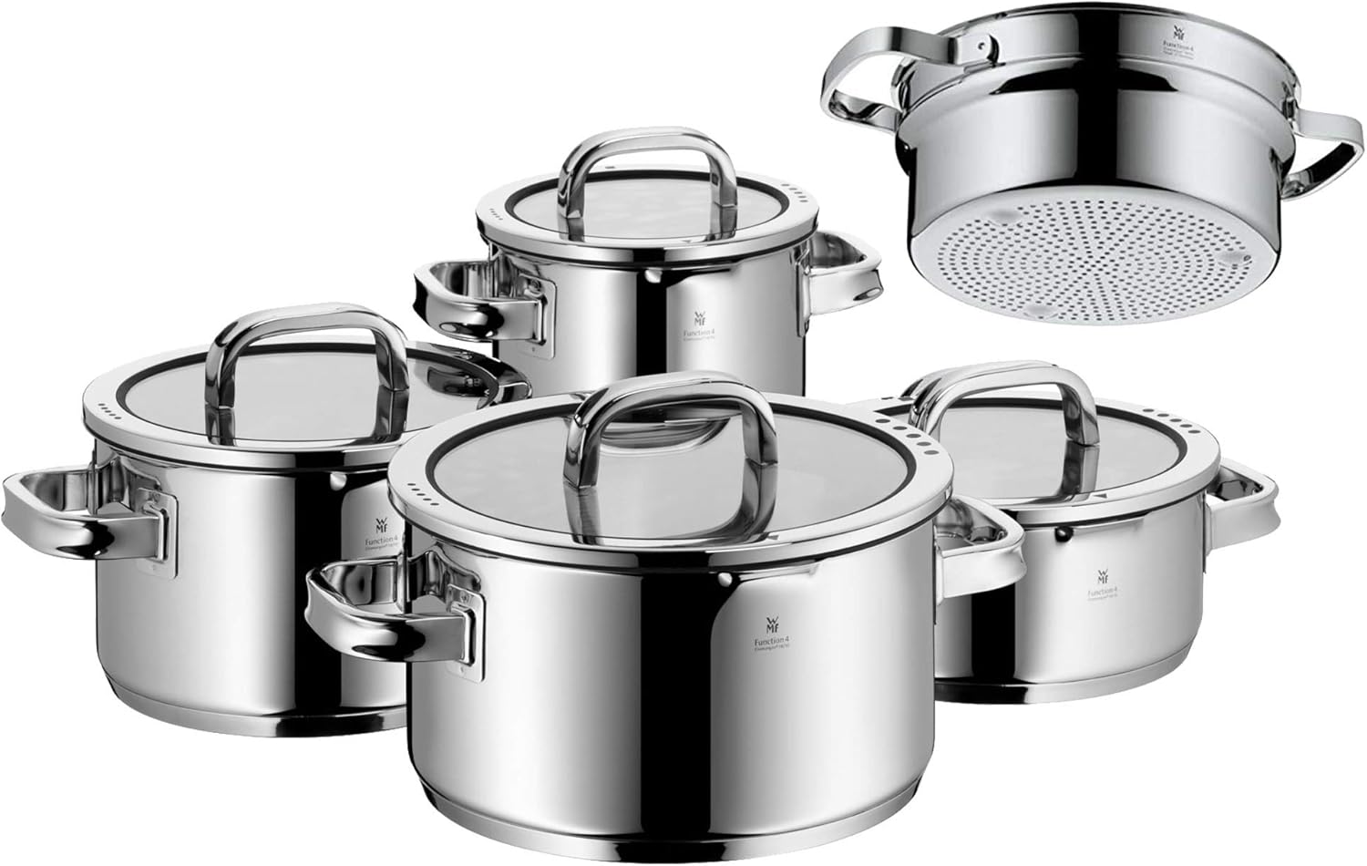Stainless steel cookware set with transparent steamer insert, 5-piece collection for professional cooking โ view 1