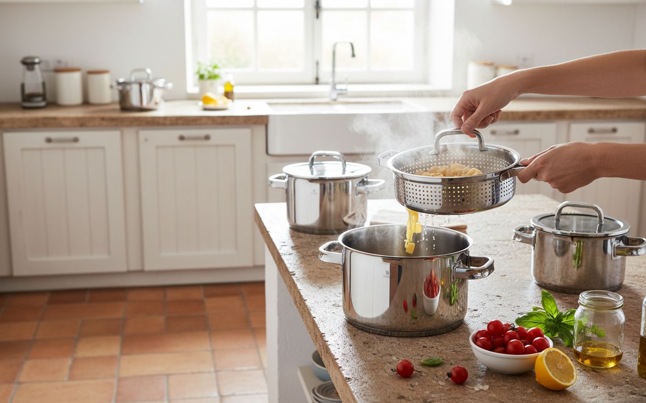 Stainless steel cookware set with transparent steamer insert, 5-piece collection for professional cooking — view 3b