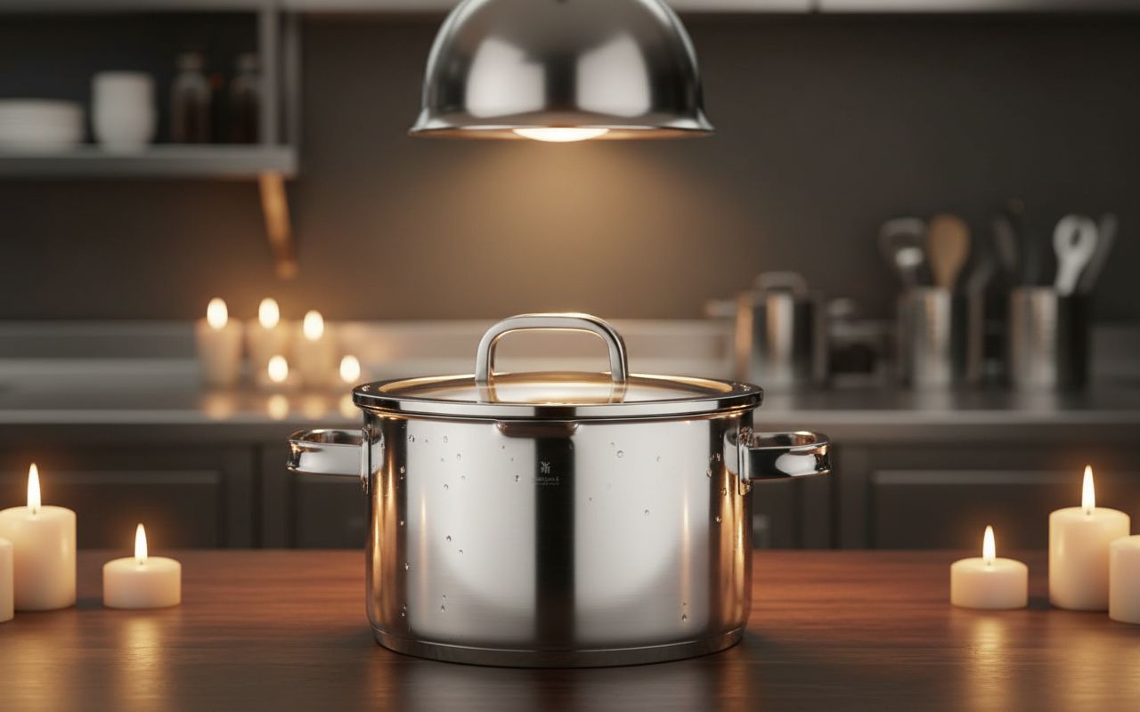Stainless steel cookware set with transparent steamer insert, 5-piece collection for professional cooking — view 5b