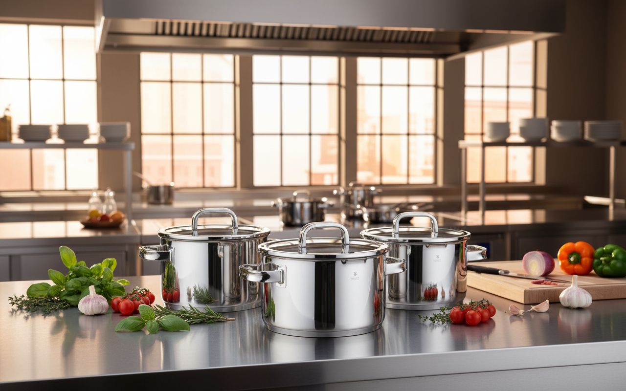 Stainless steel cookware set with transparent steamer insert, 5-piece collection for professional cooking — view 7b