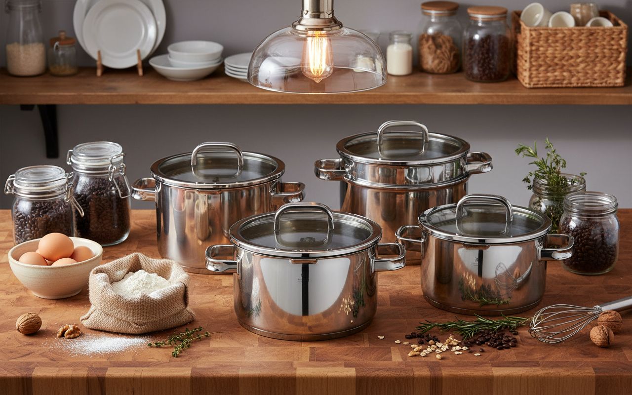 Stainless steel cookware set with transparent steamer insert, 5-piece collection for professional cooking — view 2