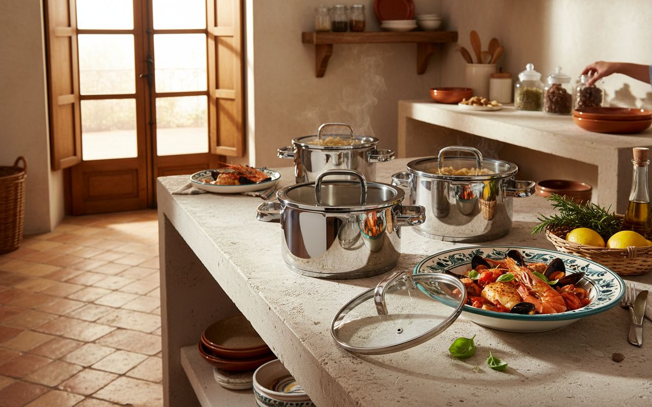 Stainless steel cookware set with transparent steamer insert, 5-piece collection for professional cooking — view 3a