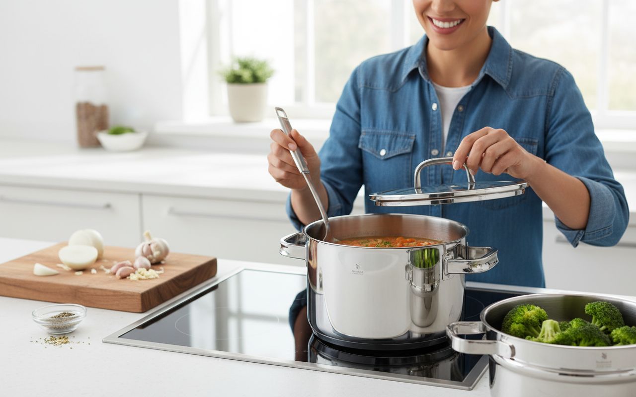 Stainless steel cookware set with transparent steamer insert, 5-piece collection for professional cooking — view 4