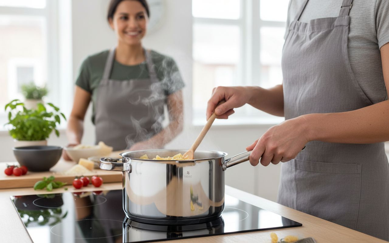Stainless steel cookware set with transparent steamer insert, 5-piece collection for professional cooking — view 5a