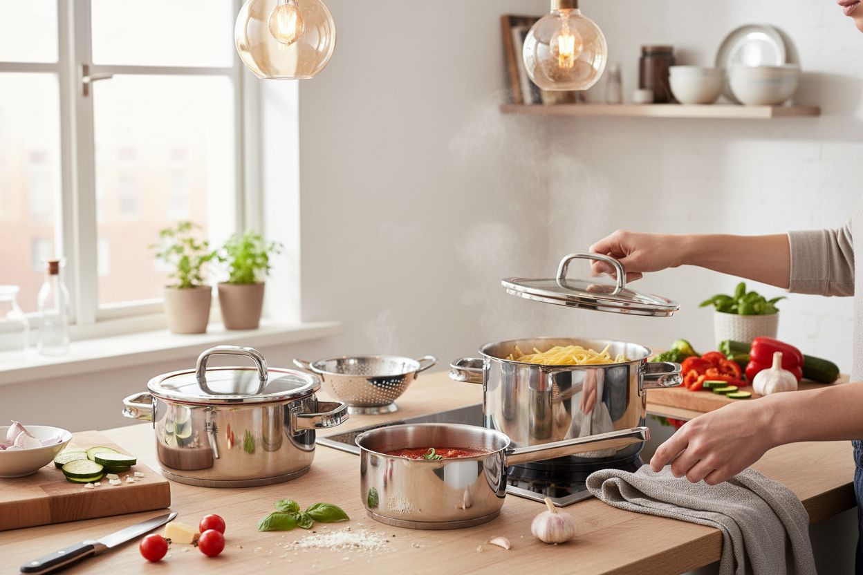 5-piece stainless steel cookware set with transparent steamer insert and lid, professional kitchen style — view 3b