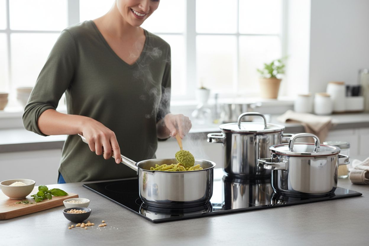 5-piece stainless steel cookware set with transparent steamer insert and lid, professional kitchen style — view 2