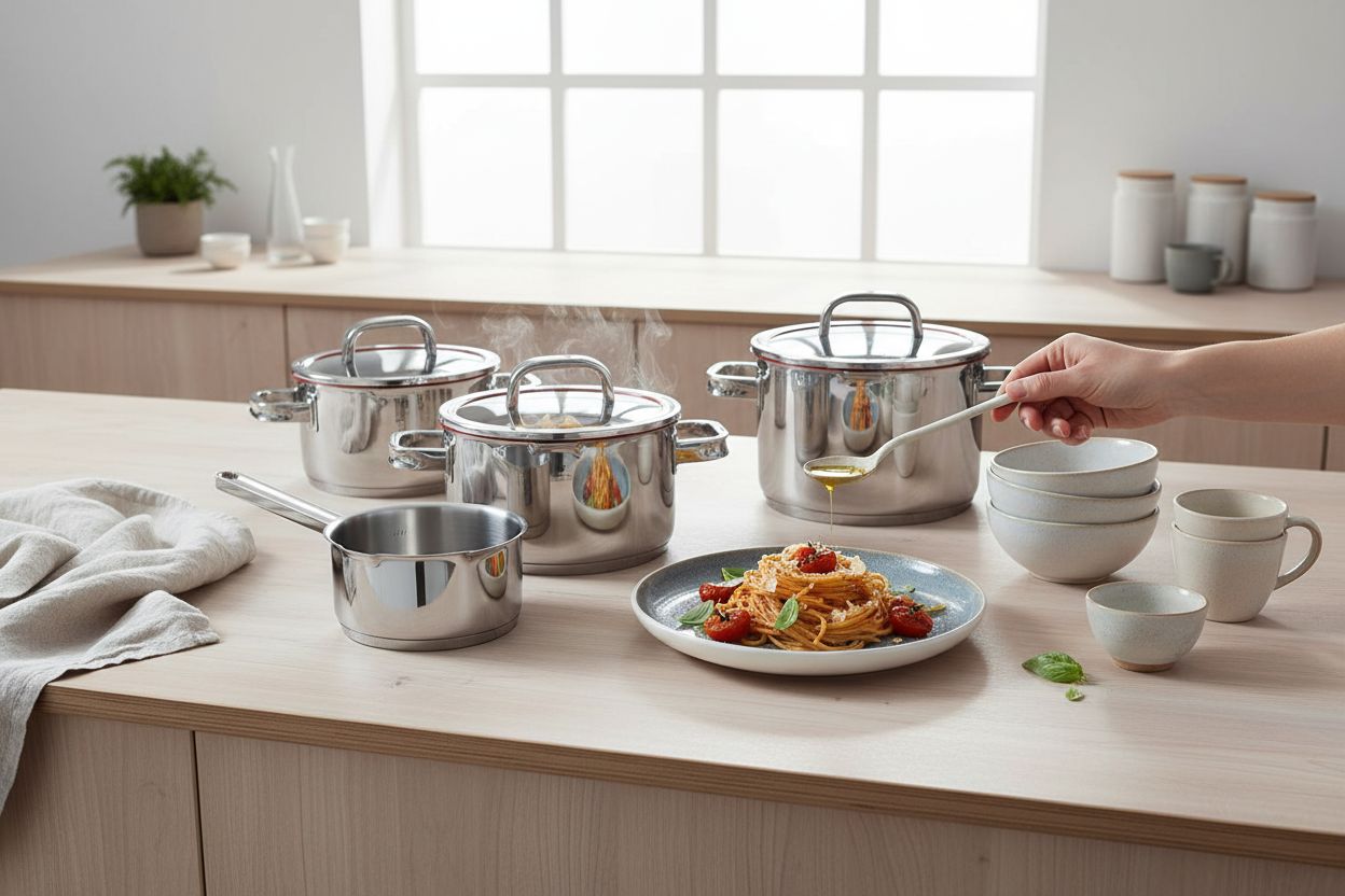 5-piece stainless steel cookware set with transparent steamer insert and lid, professional kitchen style — view 3a