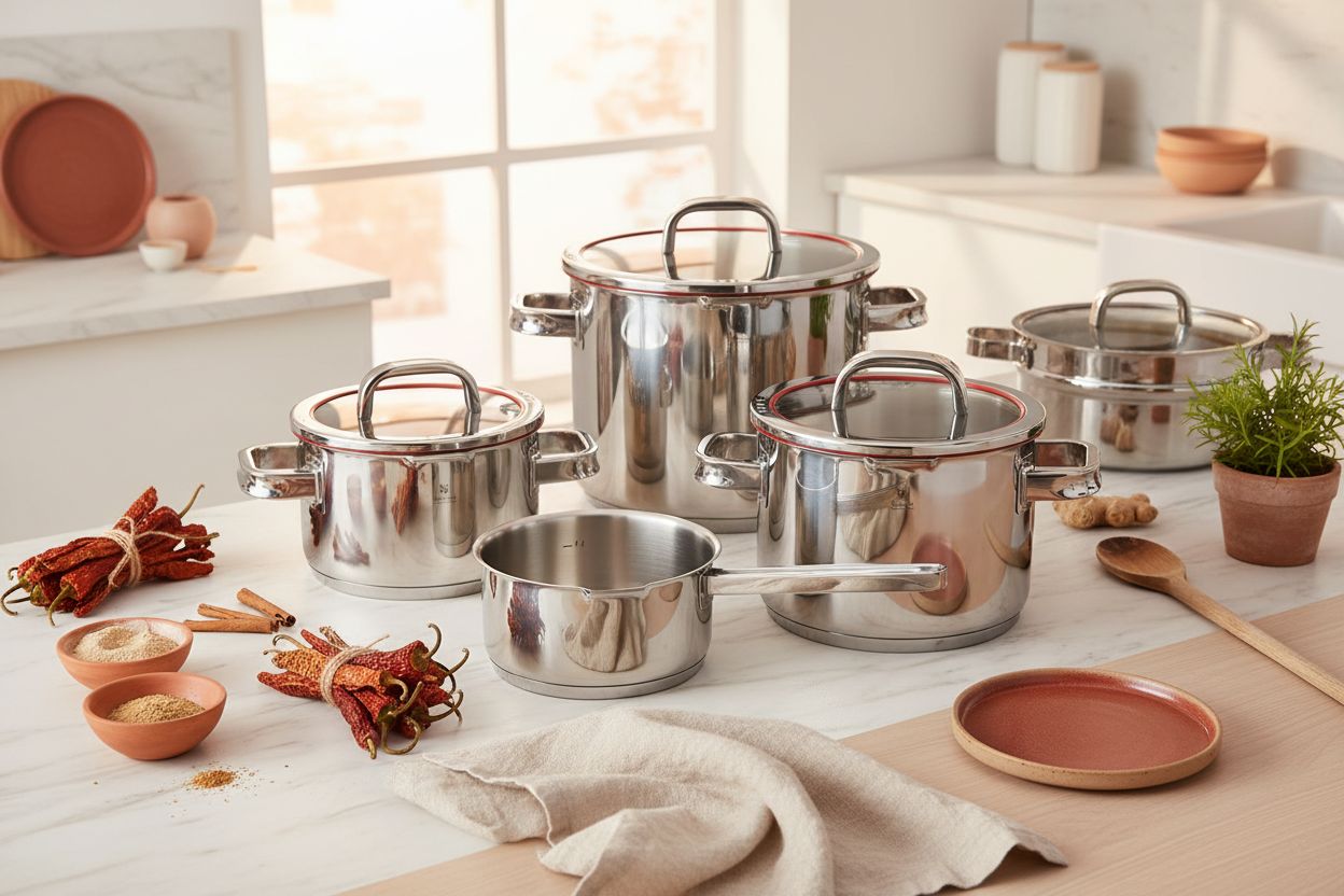 5-piece stainless steel cookware set with transparent steamer insert and lid, professional kitchen style — view 7a