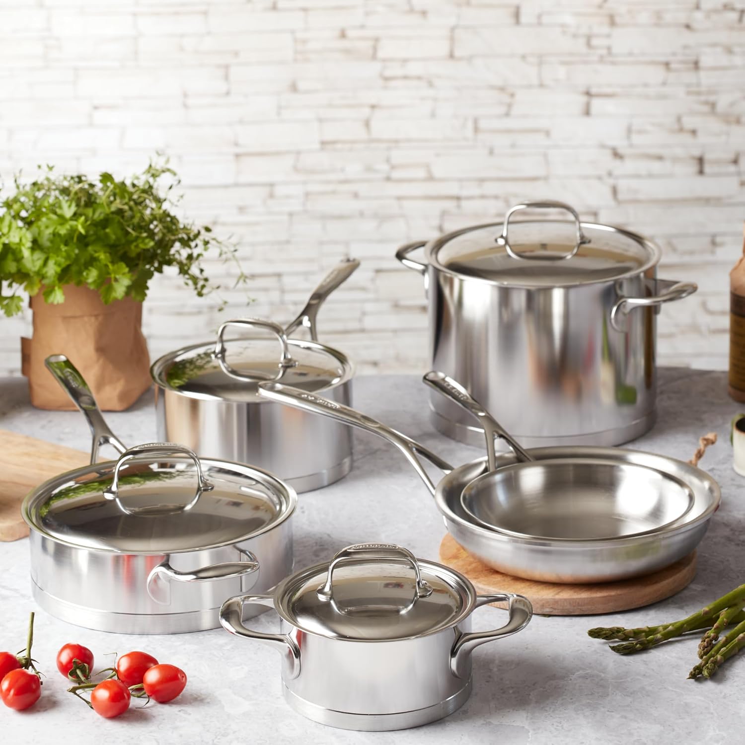 10-piece stainless steel cookware set with lids, including saucepans, fry pans, and stockpot for stovetop cooking — view 2