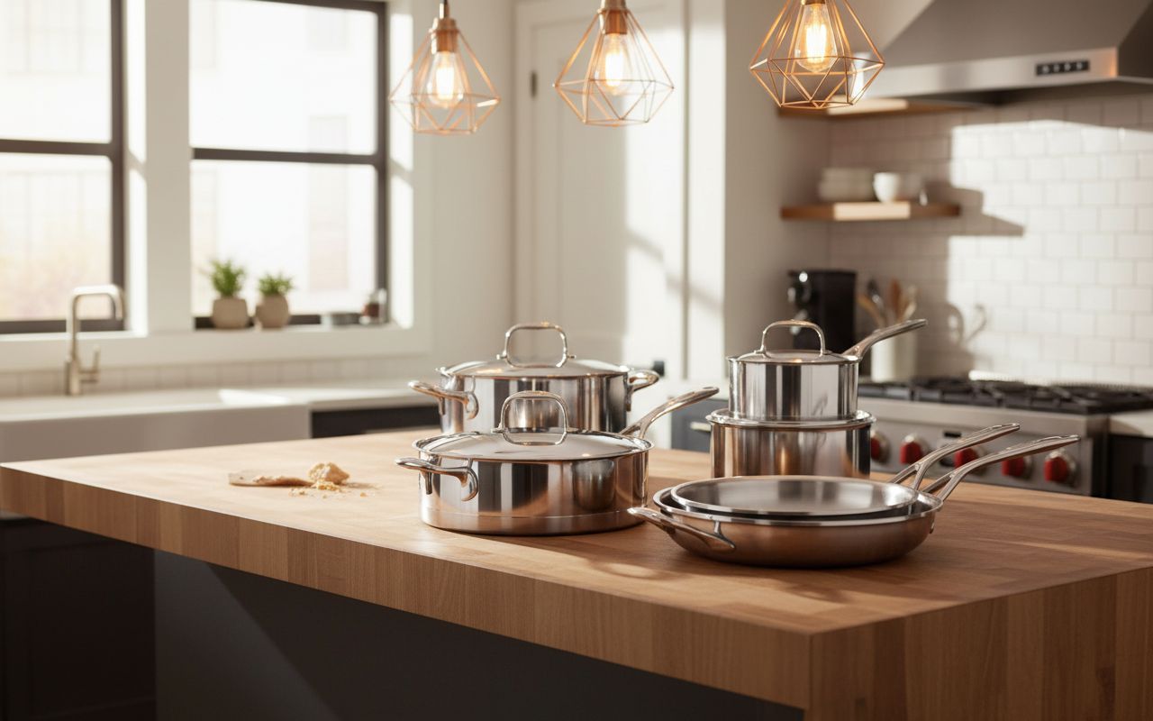 10-piece stainless steel cookware set with lids, including saucepans, fry pans, and stockpot for stovetop cooking — view 1
