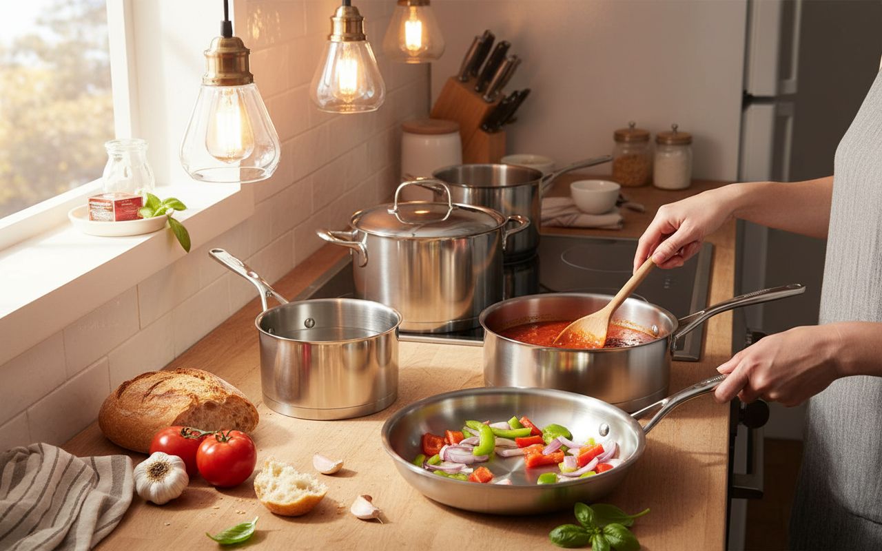 10-piece stainless steel cookware set with lids, including saucepans, fry pans, and stockpot for stovetop cooking — view 3b