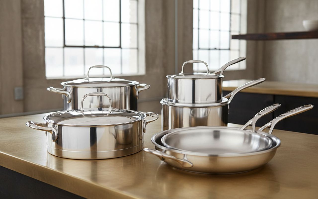 10-piece stainless steel cookware set with lids, including saucepans, fry pans, and stockpot for stovetop cooking — view 5b